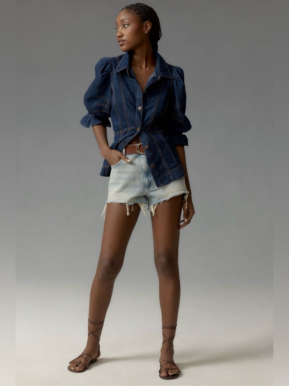 Anthropologie Dark Blue Puff-Sleeve Denim Button-Down Shirt